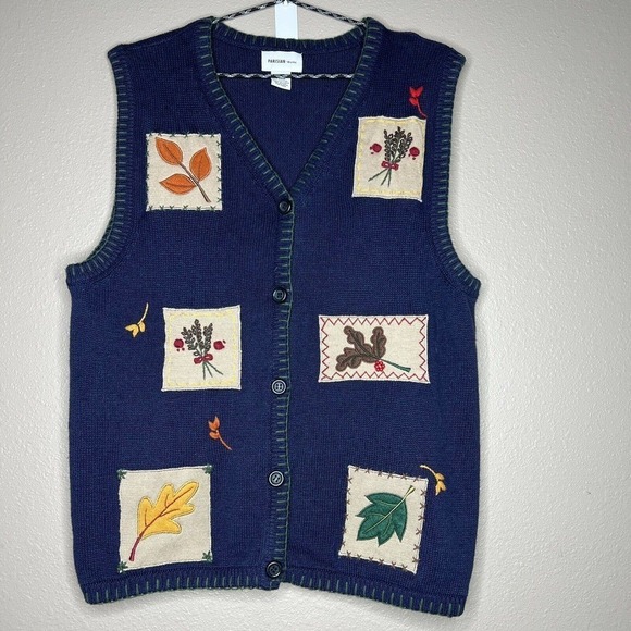 Parisian Works Women's Blue Embroidered Fall Leaf Patches Button-Up Sweater Vest - Picture 8 of 8